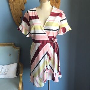 NWOT white striped wrap mini dress ruffle sleeves lightweight summer dress Sz S